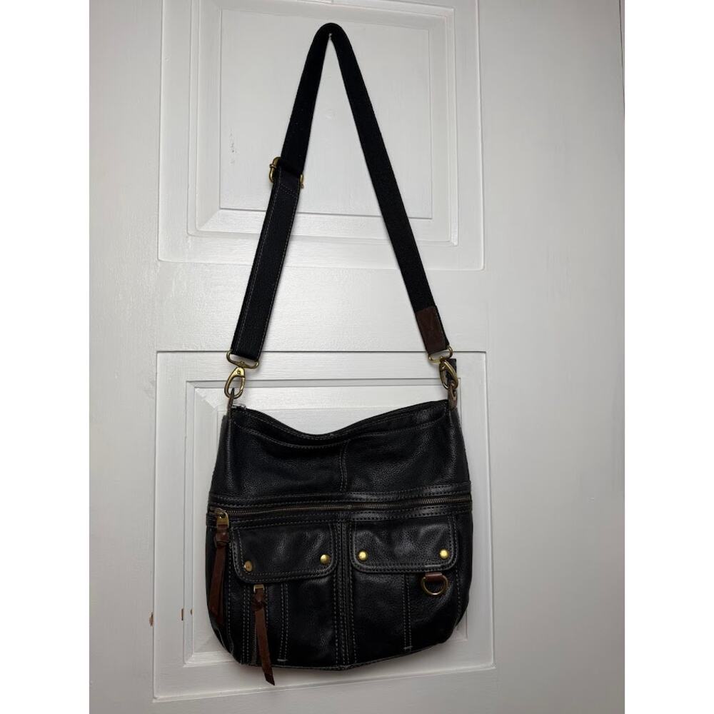 Fossil Hobo Morgan Traveler Bag Wide Strap Crossbody Pebbled Black Leather Bag - Picture 2 of 14